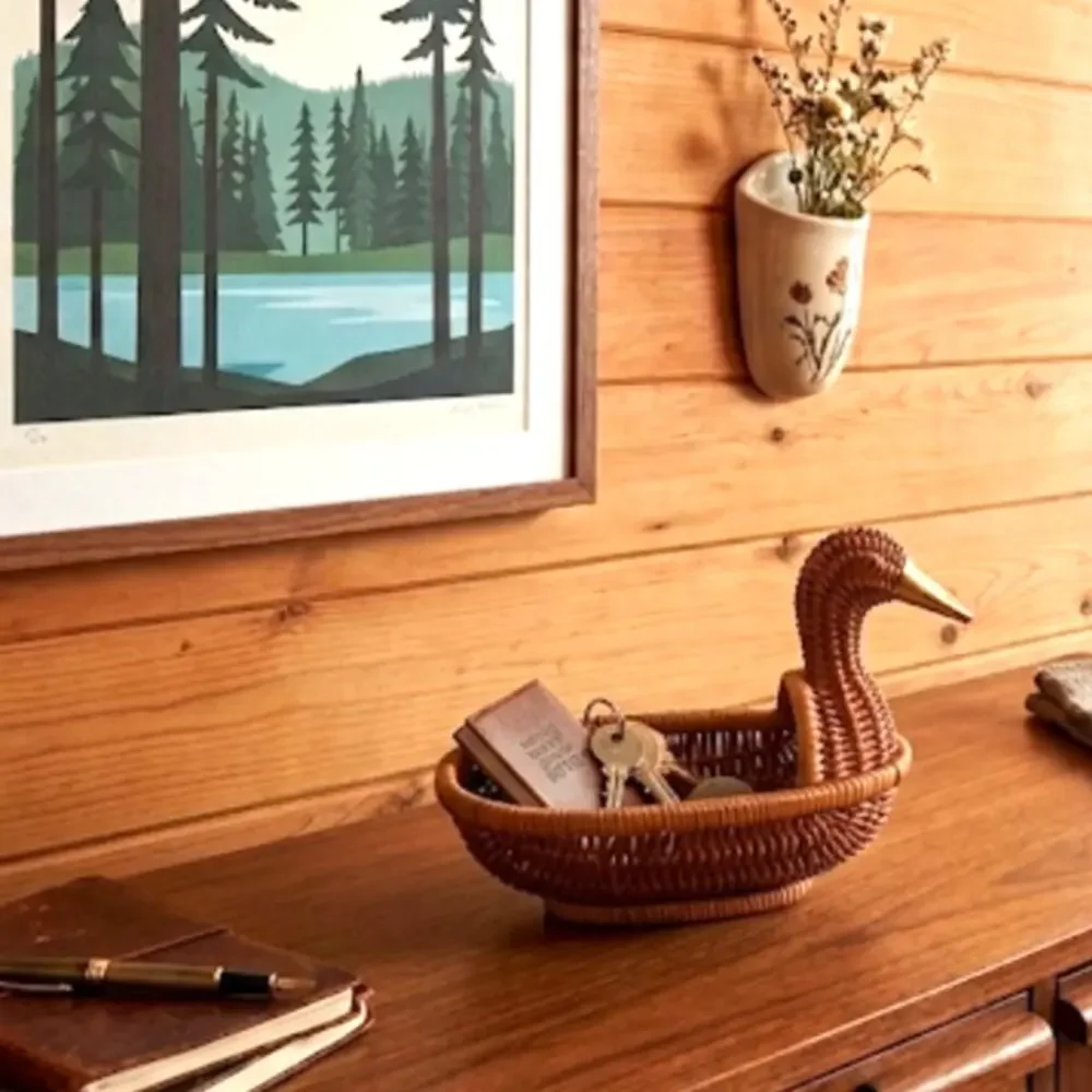 handwoven rattan duck basket elongated oval bowl design integrated duck head